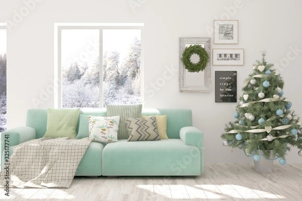 Fototapeta Winter new year interior of living room with sofa. Scandinavian design. 3D illustration