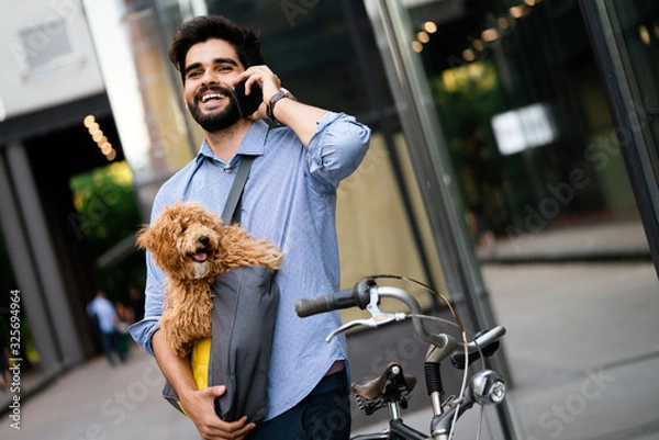 Fototapeta Lifestyle, transport, communication and people concept . Young man with bicycle and smartphone