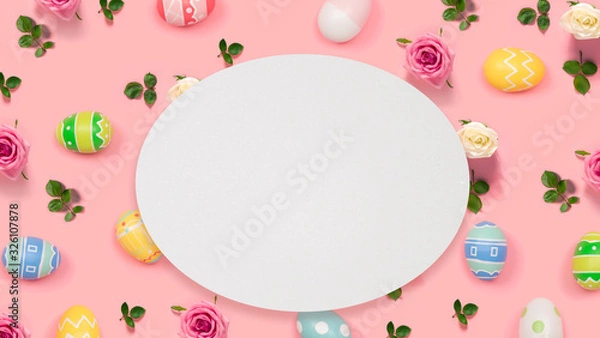 Fototapeta Colorful Easter eggs with round shaped paper overhead view flat lay