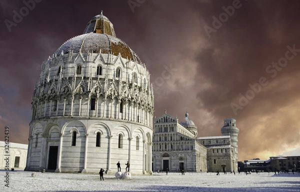 Fototapeta Baptistery in Piazza dei Miracoli after a Snowfall, Pisa