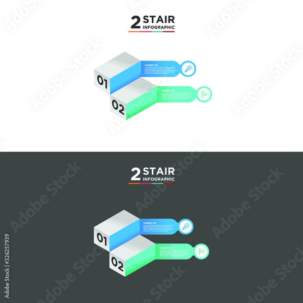 Obraz 2 stair step timeline infographic element. Business concept with two options and number, steps or processes. data visualization. Vector illustration. isolated black and white background