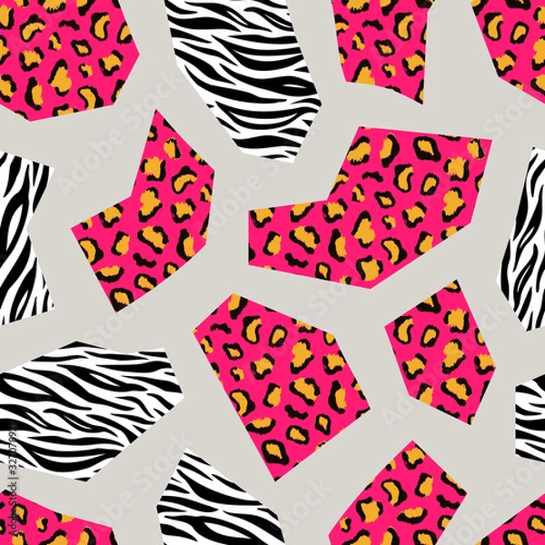 Fototapeta Vector leopard and zebra seamless geometric pattern design. Colorful fashion animal print