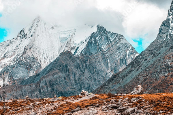 Fototapeta Colorful in autumn forest and snow mountain at Yading nature reserve