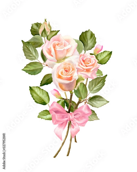 Fototapeta Watercolor floral illustration with roses and bow, green leaves and branches isolated on white background. Hand painted flowers for invitation, wedding or greeting cards.