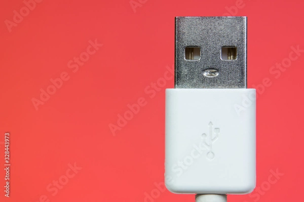 Fototapeta The face of usb cord head like a live robot on a red background close up