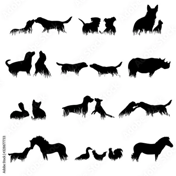 Fototapeta Collection of vector silhouette of different animals in grass on white background.