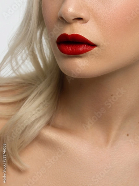 Fototapeta Closeup plump Lips. Lip Care, Augmentation, Fillers. Macro photo with Face detail. Natural shape with perfect contour. Close-up perfect lip makeup beautiful female mouth. Plump sexy full red lips