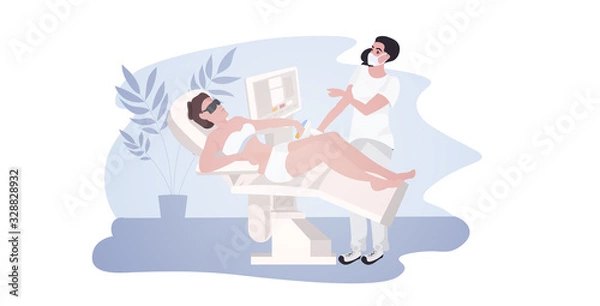 Fototapeta beautician giving epilation laser treatment to woman young girl receiving hair removal procedure at spa salon cosmetology skin beauty care concept horizontal full length vector illustration