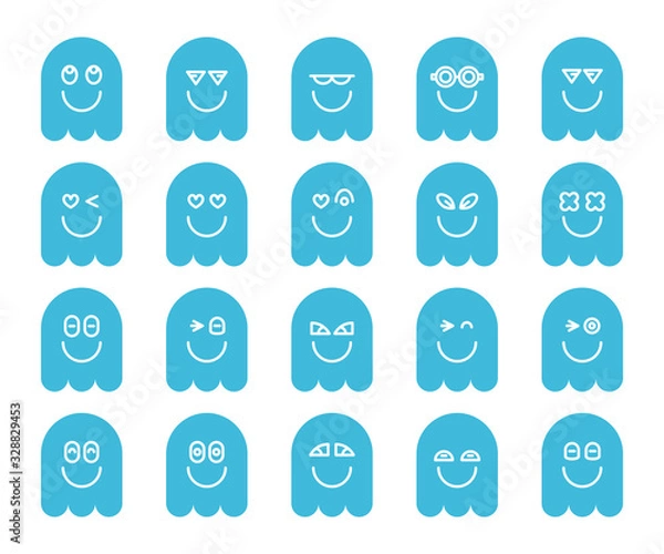 Fototapeta blue cute ghost emoji, emoticon icons set