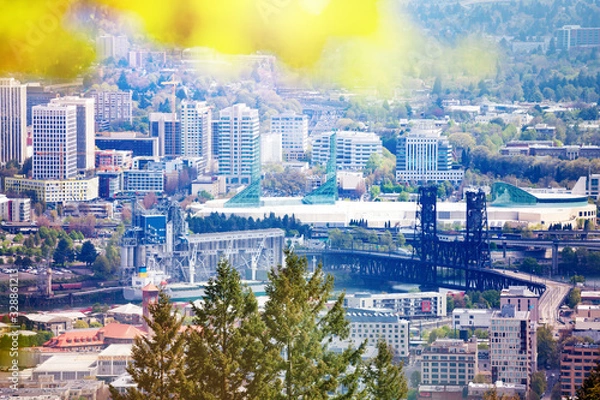 Fototapeta View on Steel Bridge from hill in Portland, from Macleay Park, Oregon, USA