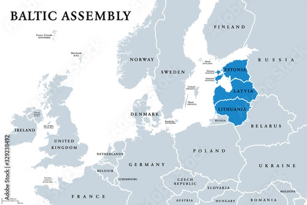 Fototapeta Baltic Assembly (BA) member states political map. Regional organization in Europe promoting intergovernmental cooperation between Estonia, Latvia and Lithuania. English labeling. Illustration. Vector.