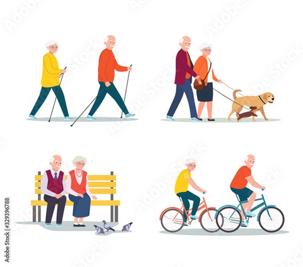 Fototapeta Isolated set of senior woman and man walking, riding a bicycle, sitting on bench. Vector flat illustration.