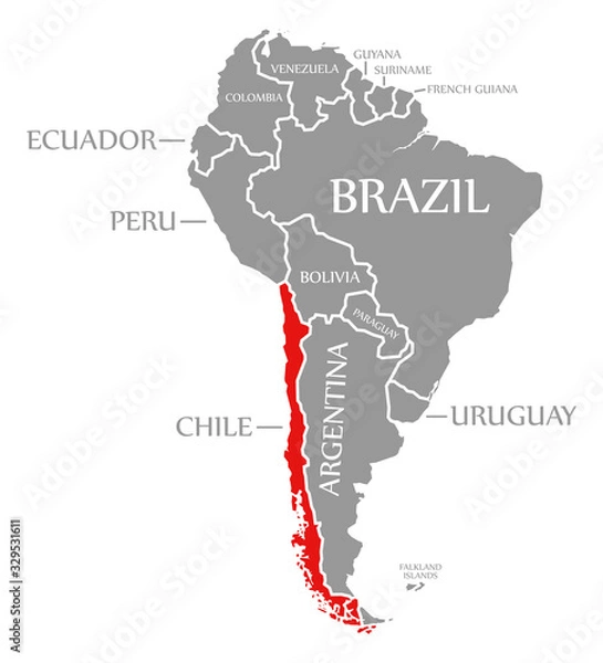 Fototapeta Chile red highlighted in continent map of South America