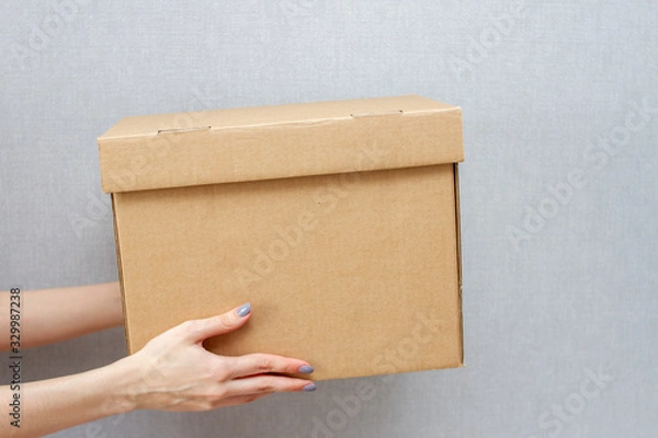 Fototapeta Woman holds out her hands with a cardboard box. The courier delivered the parcel.