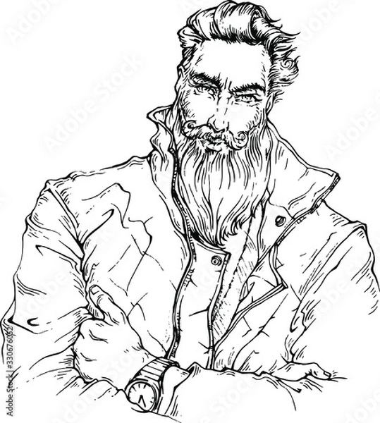 Fototapeta Vector hand drawn linear handsome  bearded man in jacket. Line art sketch illustration for barber shop, male beauty salon. Fashion , model.