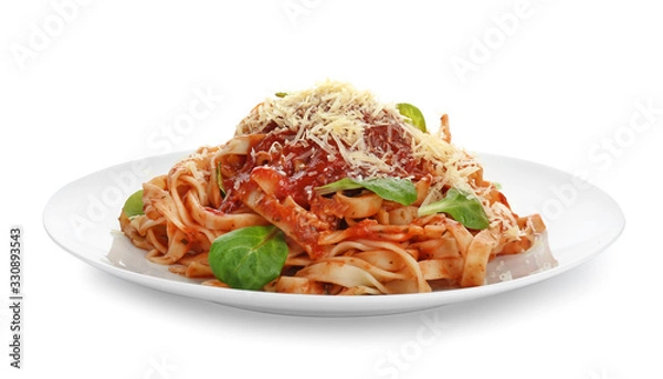 Fototapeta Plate with tasty pasta and cheese on white background