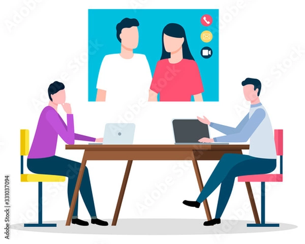 Obraz Online communication with couple. Isolated characters of consulting company talking to man and woman using internet and video connection. Workers with laptops in office, vector in flat style