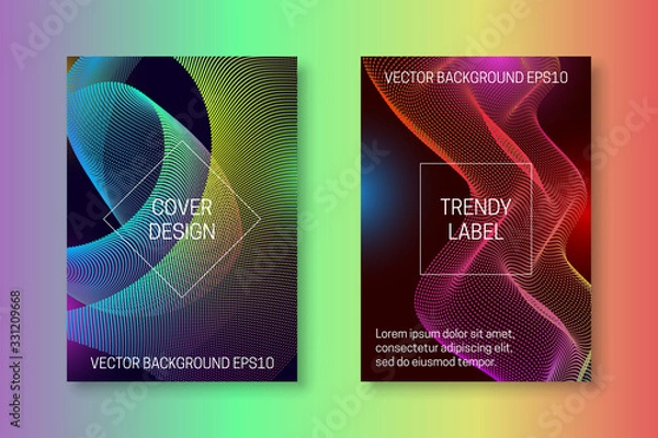 Fototapeta Radiant cover template with quantum abstraction of dots and lines. Futuristic iridescent brochures or packaging backgrounds design.