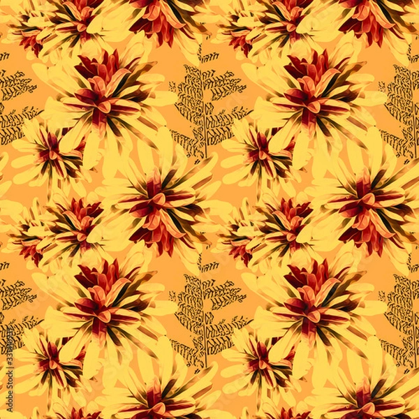 Fototapeta Tropical plants seamless pattern, colored flowers.