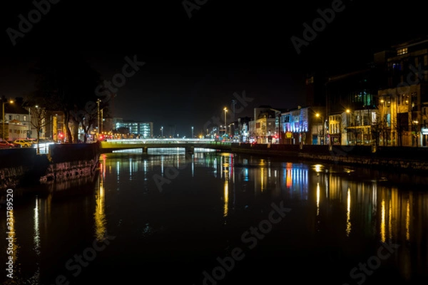 Fototapeta Beautiful night view scene Cork city center old town Ireland cityscape reflection river Lee