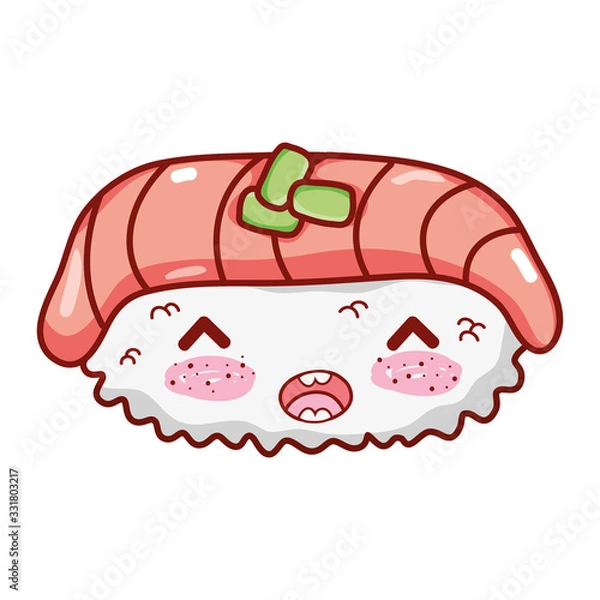 Fototapeta kawaii rice salmon and wasabi cartoon, sushi and rolls