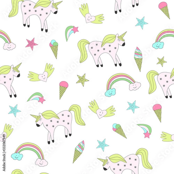 Fototapeta Seamless pattern of fairy-tale drawings and characters unicorn rainbow, clouds and heart, ice cream on a white background.