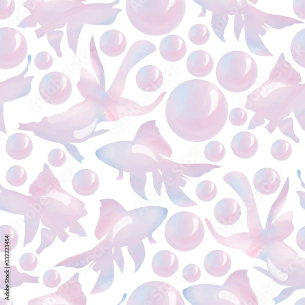 Fototapeta Bright light pink- blue fish- bubbles seamless pattern white isolated