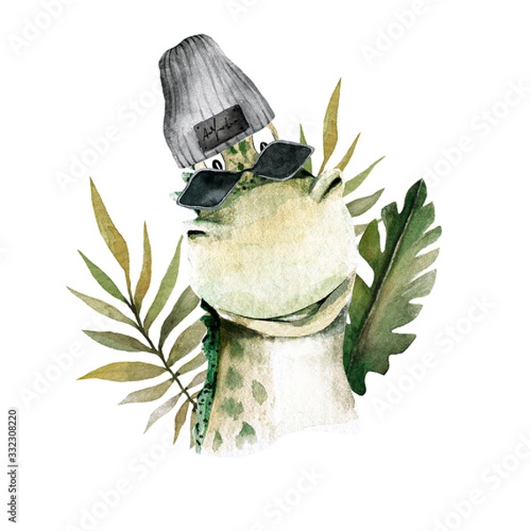 Fototapeta Hand drawing watercolor сhildren's illustration - cute dino with sunglasses, modern cap, tropical leaves. Funny dinosaur perfect for posters, children's fabric, prints.  illustration isolated on white