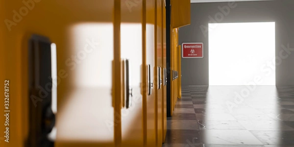 Fototapeta 3D render illustration closeup of empty locker room situated in work place. Orange lockers, storage for workers during virus pandemy. Left and opened lockers. Quarantine sign on the wall. Strong light