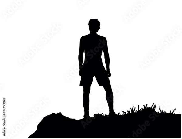 Fototapeta Black silhouette of man standing on the top of the hill, enjoying beautiful view. Illustration, isolated on white background.