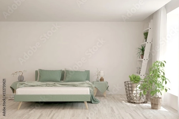 Fototapeta White bedroom interior. Scandinavian design. 3D illustration