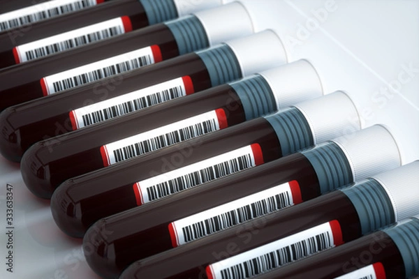 Fototapeta Blood test tubes with laboratory, 3d rendering.