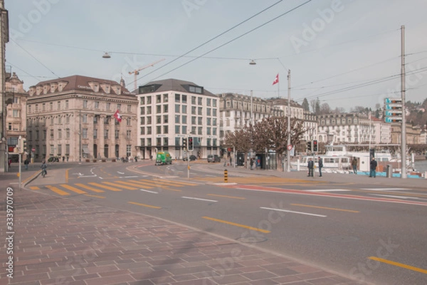 Fototapeta Empty streets. Quarantine. Closed stores. Missing tourists. Collapsed economy? Another crisis? Dream or reality? Taken in Lucerne/Switzerland, March 27. 2020