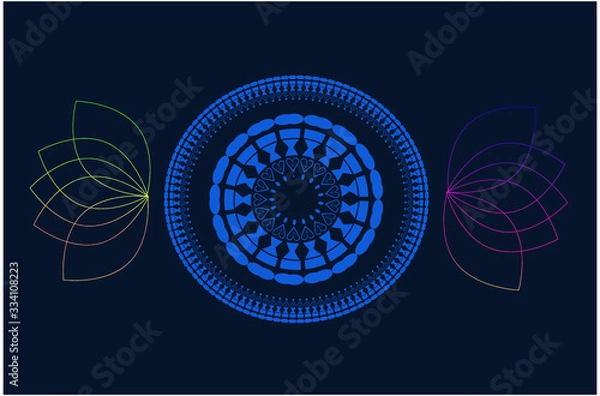 Fototapeta Yoga background with multicolored luminous Lotus  and ble mandala on the  a dark cosmic sky, Yoga concept.Vector stock .