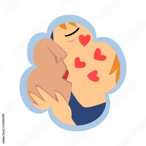 Fototapeta Kid Dreams, Sweet Dream Cloud with Cute Boy and Girl Kissing, Childhood Fantasy Vector Illustration