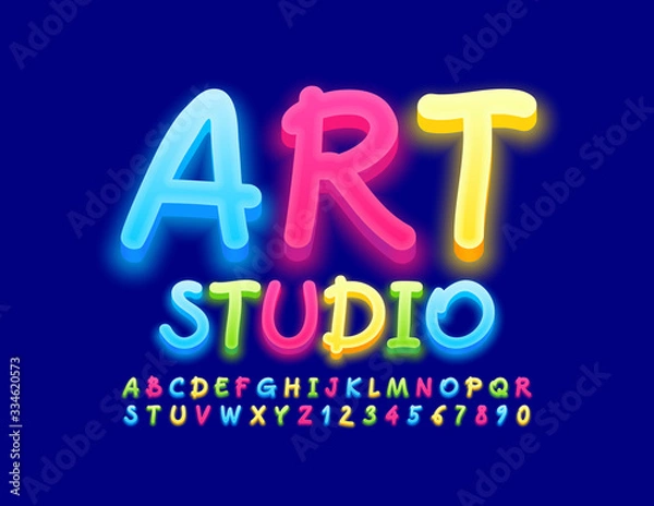 Fototapeta Vector bright logo Art Studio. Playful creative Font. Colorful Handwritten Alphabet Letters and Numbers