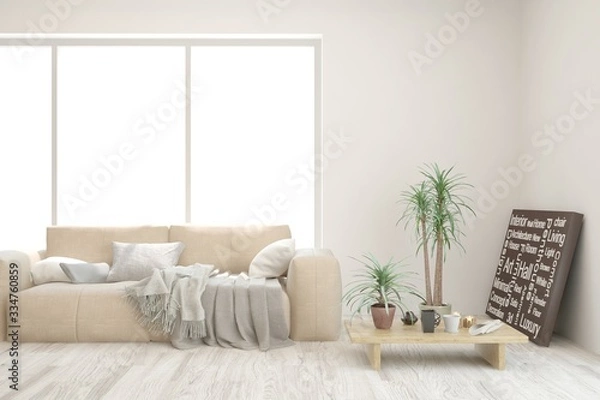 Fototapeta White living room with sofa. Scandinavian interior design. 3D illustration