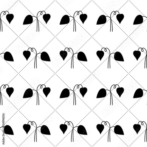 Fototapeta Abstract floral seamless pattern with leaves, netting with circles. Simple geometric style. Black and white outline vector background. Decorative squared grid and branches.