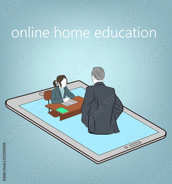 Fototapeta girl at her desk in front of the teacher. in a smartphone. online education. quarantine training. vector illustration.