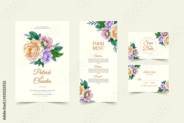 Fototapeta Wedding card template with beautiful watercolor floral wreath Premium Vector
