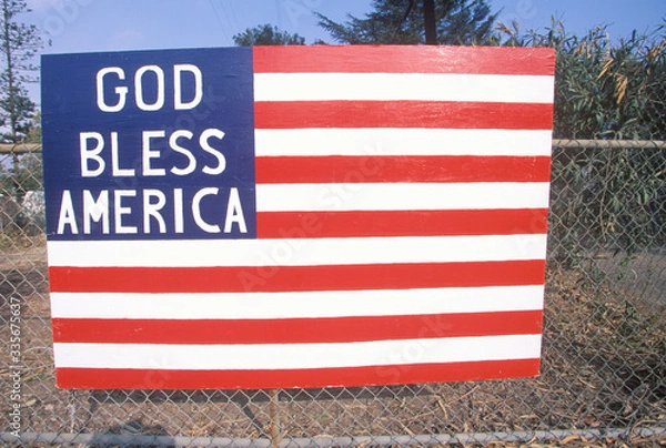 Fototapeta Wooden American Flag on Chain Link Fence, Santa Paula, California