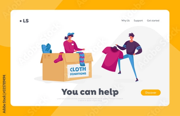 Fototapeta Woman Packing Box with Donating Things Landing Page Template. Charity Organization Help People in Troubles and Finance Problems. Volunteer Characters in Donation Center. Cartoon Vector Illustration