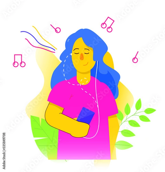 Obraz beatiful woman in headphones standing and listening to music. Relaxed woman with closed eyes enjoying music. Vector cartoon illustration isolated on white background. abstract illustration of hobby