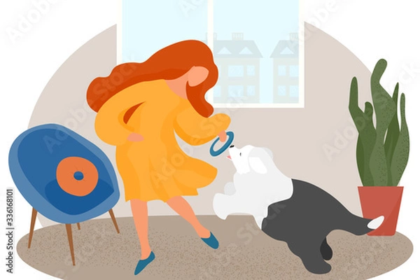 Fototapeta Cheerful girl plays with a dog in a city apartment. I'm staying home. Occupation and friendship with pets. Dog training. Vector in a flat style.