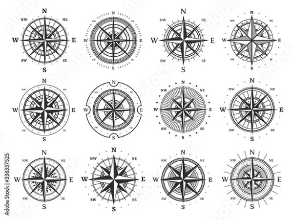 Obraz Róża wiatrów morskich kompas wektorowe ikony. Na białym tle zabytkowe symbole map morskich i antycznej kartografii, róży nawigacyjnej lub róży wiatrów z głównymi kierunkami północy, wschodu, południa i zachodu