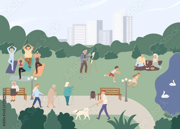 Obraz Pensioners, old women, men practise yoga, do nordic walking, selfie, go with dog, have picnic near lake, pond with swans, paint landscape, spend time with grandchild, work at laptop. Vector cartoon.