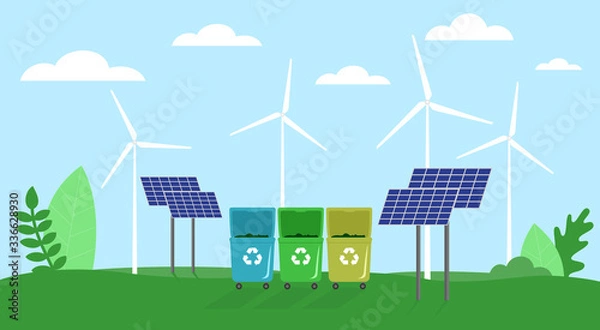 Fototapeta Concept Of Eco City, High-Technologies, Recycling Waste, Save Environmental. Alternative Energy Sources With Solar Panels, Trash Containers And Wind Turbines. Cartoon Flat Style. Vector Illustration