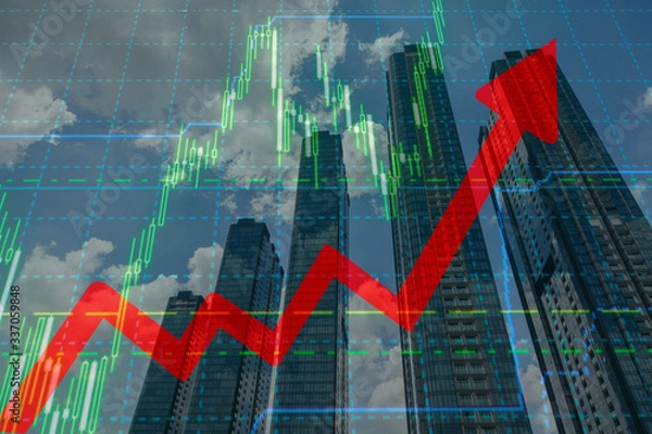 Fototapeta Growth in demand for real estate. Growth of quotations of shares of construction companies. The red arrow up.