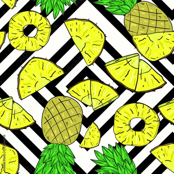 Fototapeta Seamless vector pattern with pineapple slices and parts on black and white background. Wallpaper, fabric and textile design. Cute wrapping paper pattern with exotic fruits. Good for printing.