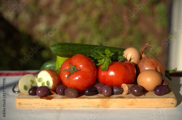 Fototapeta Mediterranean diet, ingredients of Greek village salad